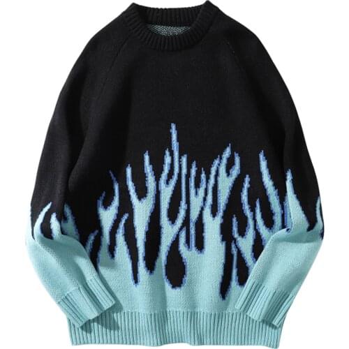 2020 Autumn Knitted Sweater Pullover Men Hip Hop Streetwear Blue Fire Flame Sweaters Harajuku Tops Casual Sweater Couple Black