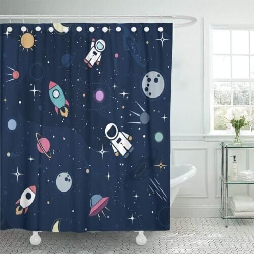 Flat Space Cute Color Astronaut Spaceship Rocket Moon Black Shower Curtain Waterproof Polyester Fabric 72 x 78 Inches with Hooks