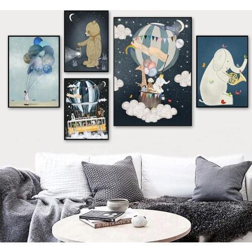 Canvas Print Poster Astronaut Balloon Spaceship Kawaii Bear Elephant Giraffe Painting Cartoon Wall Pictures for Kids Baby Room