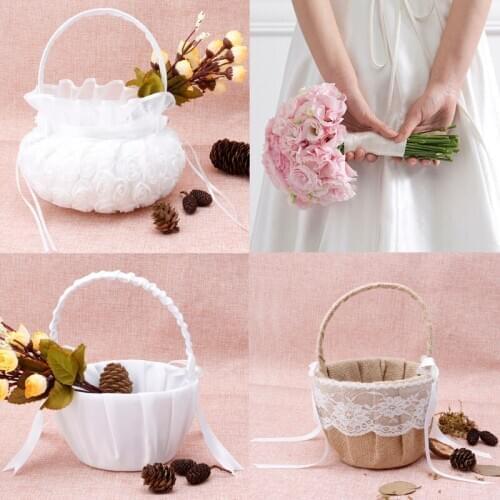 S-home New Romantic Bowknot Burlap Satin Wedding Ceremony Party Rose Flower Girl Basket AUG29