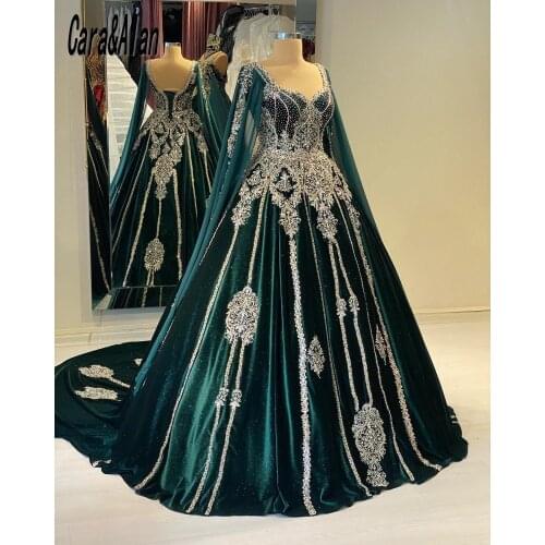 Traditional Caftan Marocain Dark Green Evening Dresses Lace Applqiue Beads Ball Gown Prom Dress robe de soirée de mariage
