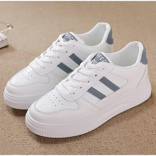 Womens Flats Shoes Thick Bottom Platform Lace Up Vulcanized Shoes PU Lace Up Shallow Female Skateboard Classics Ladies Footwear