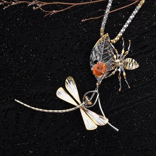Fashion Jewelry S925 Sterling Silver Inlaid Opal Gemstone Pendant And Brooch Dual-use Creative Handmade Insect Jewelry