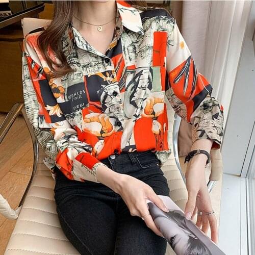 2021 New Fashion Womens Print Long Sleeve Chiffon Button Down Shirt