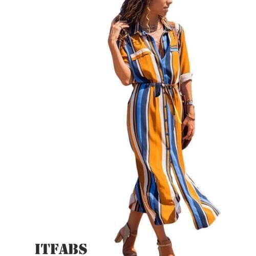 Skirts 2019 New Brand Spring Women Stripe Long Sleeve V-Neck Button Slit Casual Loose Long Skirts