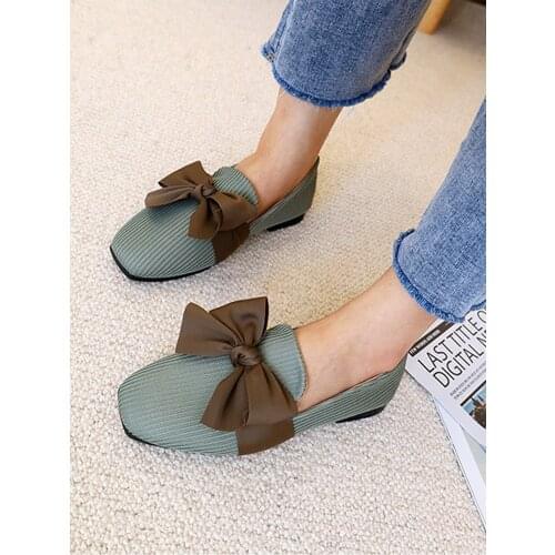 2021 NEWWomen Shoes Bowknot flat Shoes Soft Scoop Shoes Square Head Knitted Shoes Tide Girl Peas Shoes Female Ballet Shoes