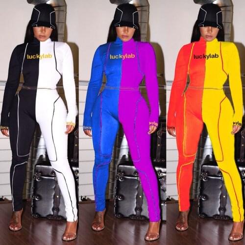 ZKYZWX Patchwork Letter Elastic Two Piece Tracksuits Women Set Long Sleeve T Shirt Trendy Pencil Pants Lounge Wear Matching Sets