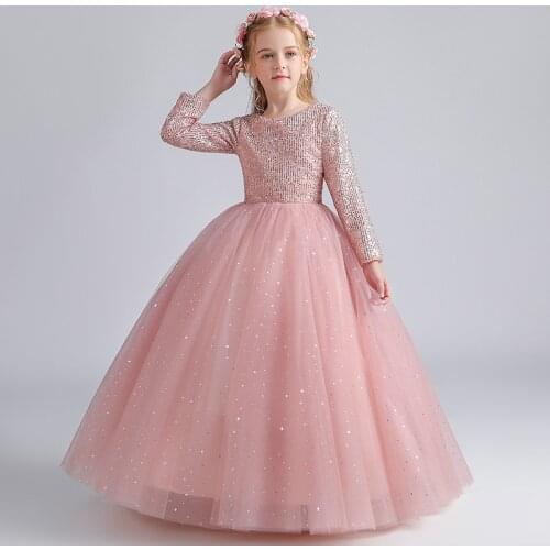 2-13yKids Dresses For Party Wedding Dress Gorgeous Pink Sequins Children Pageant Gown Girls Princess Dress Toddler Girl Clothing