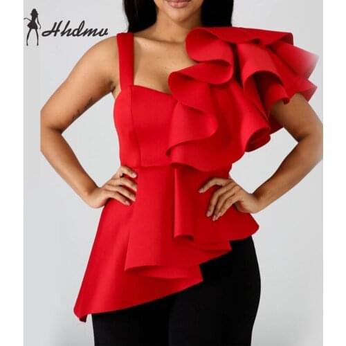 2020 Top Quality Unusual Sexy Club Red Popular One Off Shoulder Short Sleeve High Waist Women Joker Slim Asymmetrical Tees