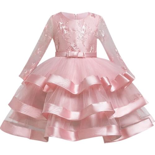 2021 Christmas Long-sleeved Dress for Girl Elegant Bow Wedding Evening Party Girls Princess Dress Birthday Children Kids Clothes