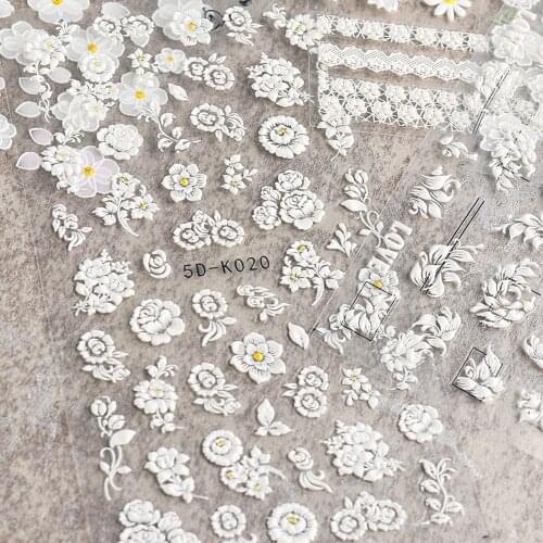 3D Embossed Nail Sticker Three-dimensional Hollow White Bride Lace Butterfly Flower Nail Decals Manicure Accessories