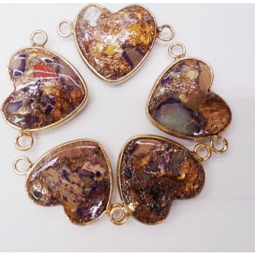 5Pcs 27x15x6mm Alloy Serging Purple&Brown Sea Sediment Jasper & Pyrite Love Heart Pendant DIY Jewelry Bracelet Accessories M467