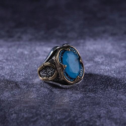 Turquoise 925 Sterling Silver Engraved Special Craftmanship Traditional Handmade Turkish Signet Ring Jewelry Gift for Women Men