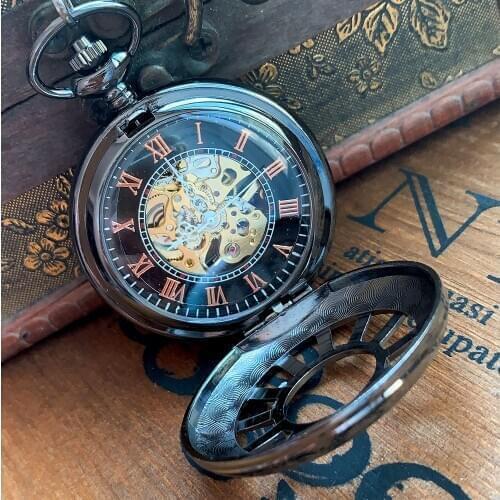 8931 Black creative wheel open cover mechanical pocket watch mens and womens accessories with necklace
