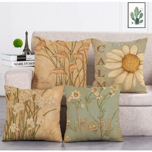 Retro Flower Heal Calm Pillow Case Linen 45*45cm Decor Patchwork Floral Plant Cushion Cover for Car Sofa Pillowcase T208
