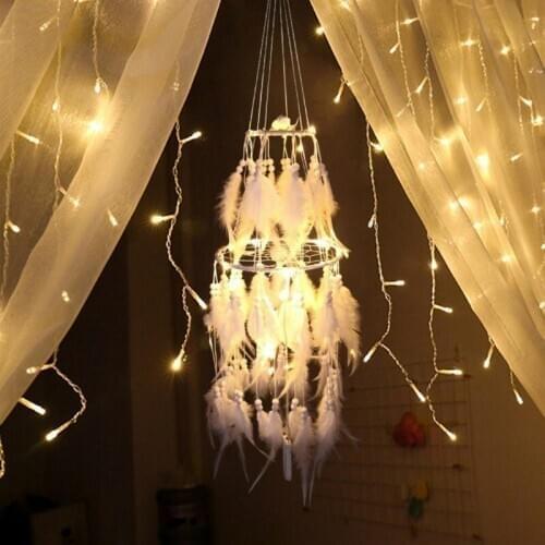 Dromenvanger LED Light Night Light Handmade Creative Dreamcatcher White Feather Vintage Bedside Wall Hanging