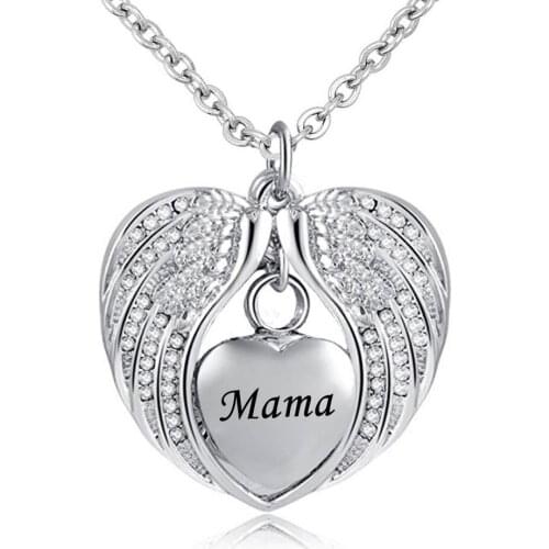 Mama Angel Wing Urn Necklace for Ashes Cremation Memorial Stainless Steel Heart Keepsake Birthstone Crystal Pendant Necklace