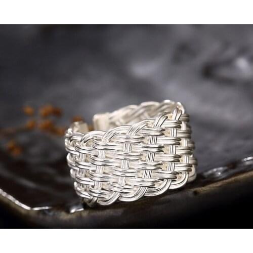 Brand New Original Design Hemp Rope Exaggerated Large Opening Adjustable Womens Silver Ring Jewelry Accessories