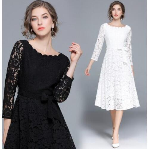 2019 spring new European and American temperament hollow long-sleeved high waist slim straps long paragraph over the knee lace d