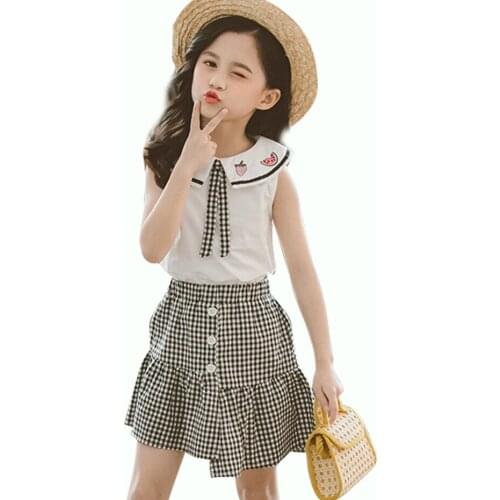 Clothes For Girls Floral Pattern Costume For Girls Vest + Plaid Skirt Costume For Girl Patchwork Childrens Tracksuit