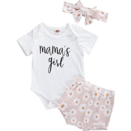Newborn Baby Girl Clothes Short Sleeve Letter Print Romper Tops Floral Pants Shorts Headband 3Pcs
