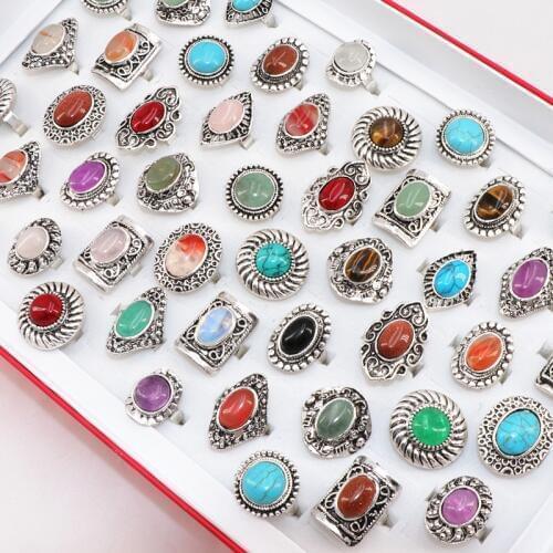 Wholesale lots bulk 20pcs Vintage Stone Flower Patten jewelry rings for women party gift wedding size 16 to 20