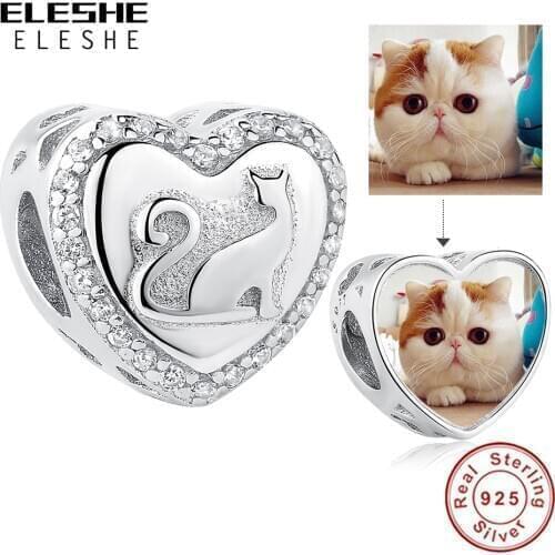 Genuine 925 Sterling Silver Cute Cat in Heart Charm Personalized Photo Beads Fit Charm Bracelet & Bangles DIY Jewelry Making
