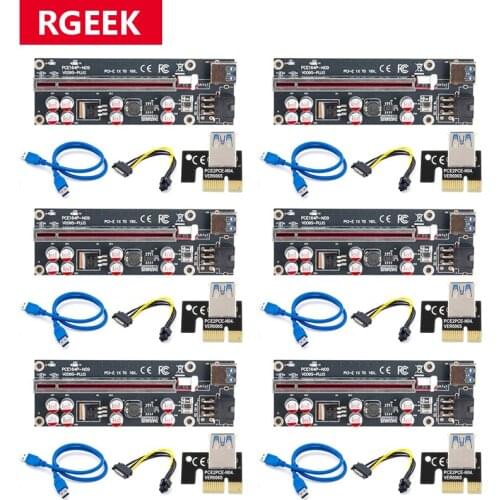 RGEEK 6pcs VER009S Plus PCI-E Riser Card 009S PCI Express PCIE 1X to 16X Extender 0.6M USB 3.0 Cable 6Pin Power for GPU Mining