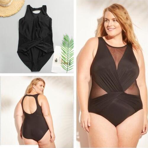 Plus Size One Piece Swimsuit Push Up Mesh Splice Monokini Large Size Swimwear Sexy Cut Out Swimwear Black Tankini Swimsuits 2019