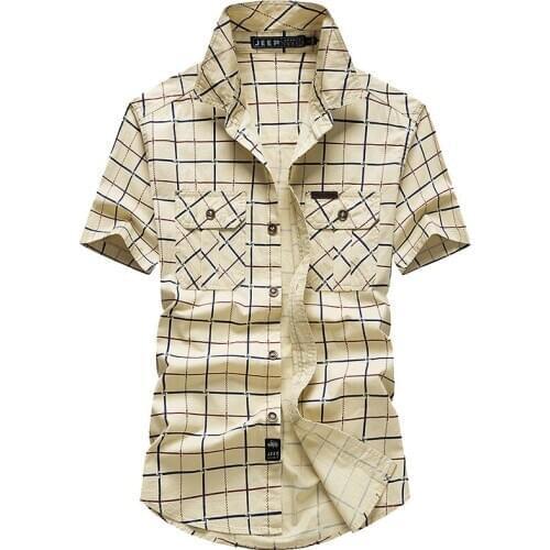 Military Style Short Sleeved Shirt Mens Summer Fashion Workwear Plaid Shirts 100% Cotton Soft Comfortable Outdoor Casual Tops