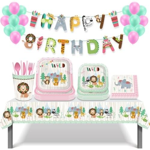 Cartoon Jungle Animal Disposable Party Tableware Sets Kids Birthday Safari Party Decor Baby Shower Wild Theme Party Supplies