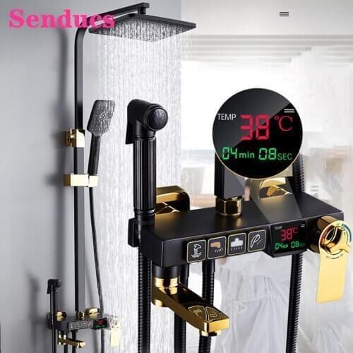 Digital Shower Set Senducs Black Gold Bathroom Mixer Tap Luxury Thermostatic Shower System Rainfall Digital Bath Shower Set