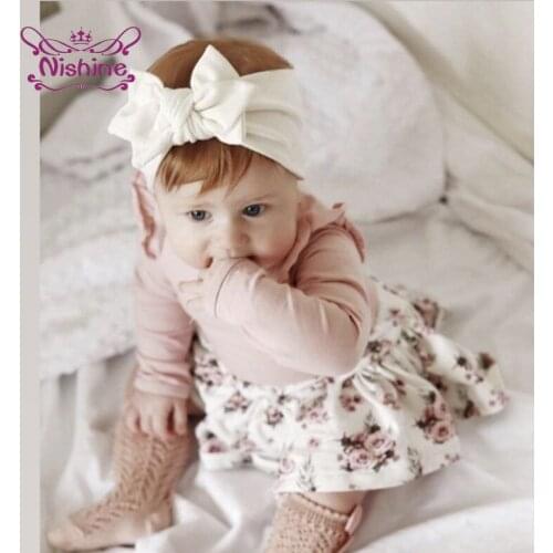 Nishine Comfortable Soft Combed Cotton Toddler Headband Solid Color Handmade Bunny Ears Bowknot Elastic Hairband Baby Headwear
