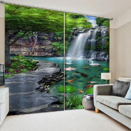 High quality custom 3d curtain fabric green nature scenery waterfall curtains Decoration curtains