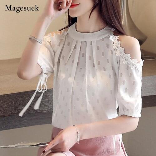 2021 Summer Casual Off-Shoulder Short-Sleeve Women Shirts Womens Loose Korean Chiffon Blouse Solid Pullover Ladies Tops 9246
