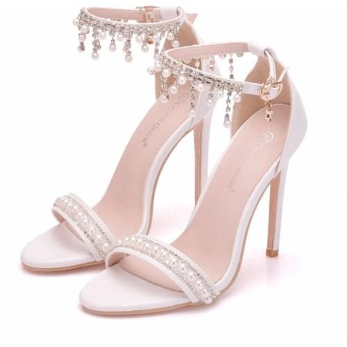 Crystal Queen Sexy Women Sandals High Heels Pearl Rhinestone 11CM Thin Heel Sandals Woman Open Toe Ankle Strap Party Shoes PUMPS
