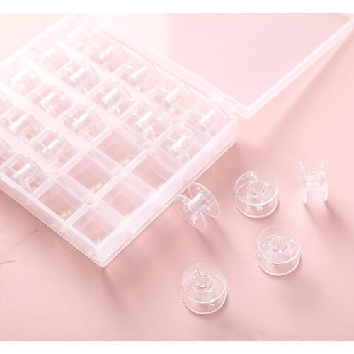 1 Box 25Pcs Transparent Sewing Machine Bobbins Spools Empty Bobbins Spools Plastic Storage Box for Home Sewing Accessories Tools