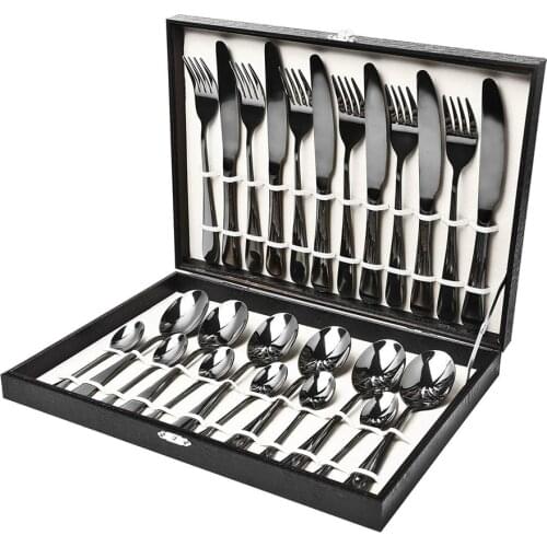 24 PCS Dinnerware Set Black Gold Stainless Steel Flatware Sets Tableware Cutlery Spoon Set Party Supplies Kitchen Wood Gift Box