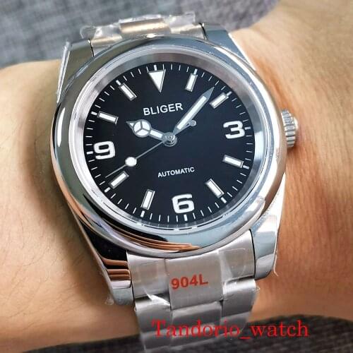 Polished Bezel Bliger Automatic Mens Watch Sapphire Glass NH35 MIYOTA 8215 Movement ScrewDown Crown Green Luminous 904L Bracelet