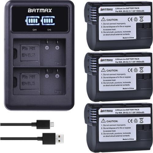 Batmax Decoded 3Pcs EN-EL15 EN EL15 Battery + LED USB Dual Charger for Nikon D600 D610 D800 D800E D810 D7000 D7100 D7200 V1