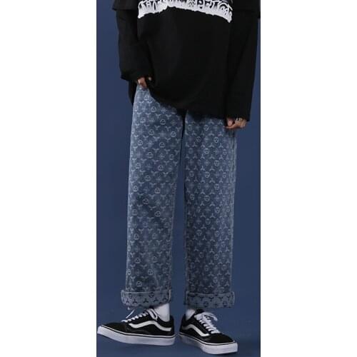 Cashew Man Jacquard Print Jeans Vintage Korea Wide Leg Pants 2021 Men Spring Autumn Fashion Mid Waist Straight Jean Streetwear