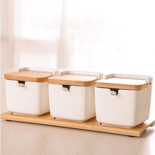 634E Ceramic Sugar Bowls Set for Sugar Serving Spice Salt with Spoons and Bamboo Lids Square Porcelain Condiment Jar Spice