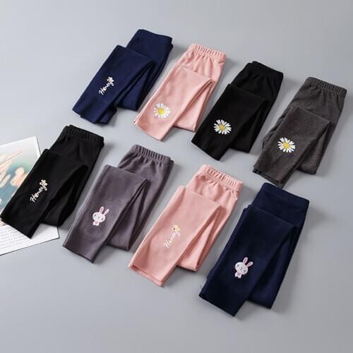 Spring Autumn Girls Leggings Solid Color Daisy Pattern Warm Long Pants Kids Soft Trousers New Fashion