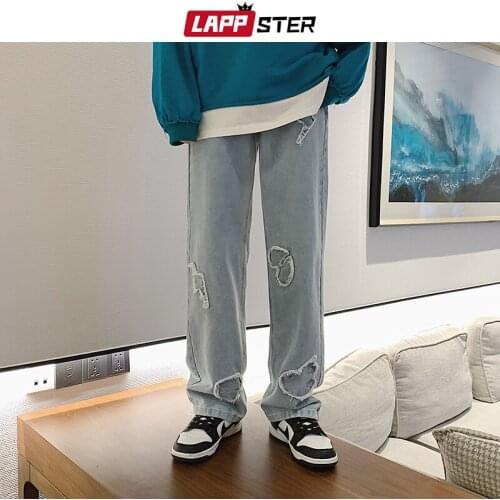 LAPPSTER Men Y2k Harajuku Baggy Jeans Pants 2021 Mens Love Streetwear Vintage Denim Trousers Male Wide Leg Gaphic Denim Pants