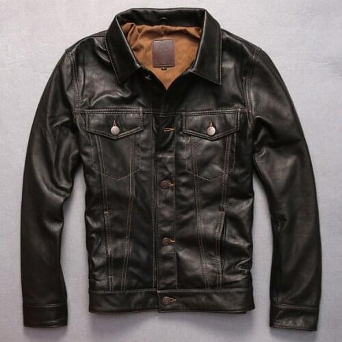 2016 new arrives mens genuine leather jacket dark brown goatskin coat men single breasted leather shirt men Open wire quilting