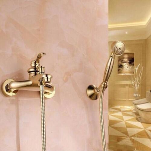Bathroom Shower Faucet Set Cold and Hot Bathtub Faucet With Hand Held Shower Head Brass Golden Plate Bath Mixer Tap