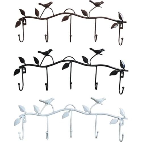 Rustic Tree Leaves Birds Wall Mounted Metal 5 Coat Hook Clothing Towel Hanger Door Back Storage Rack Organizer Decor