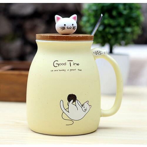 New sesame cat heat-resistant cup color cartoon with lid cup kitten milk coffee ceramic mug children cup office gifts(beige)