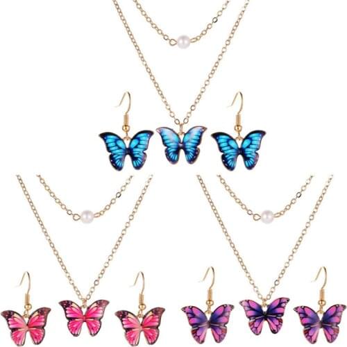 New Butterfly Jewelry Sets 2021 Trend Double Chains Pearl Choker Butterfly Pendant Necklace Drop Hook Earring Set Woman Jewelry
