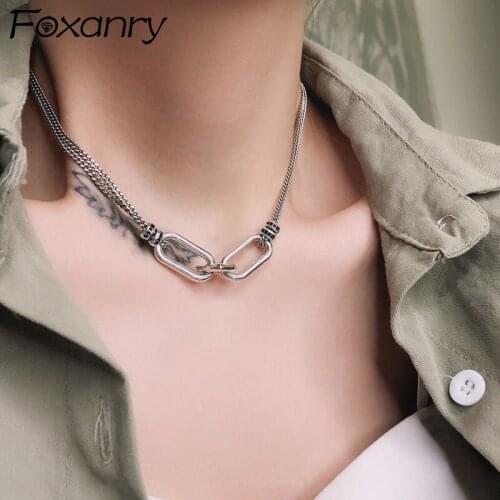 FOXANRY 925 Sterling Silver Double Layer Chain Necklace New Fashion Hip Hop Vintage Couple Hollow Geometric Design Party Jewelry